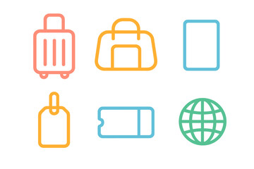Colorful outline icons for travel, tourism, and vacation planning essentials like luggage, ticket, and globe