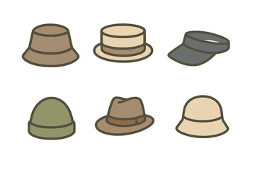 Various headwear styles including bucket hats, fedora, beanie, boater hat, and visor in earthy tones