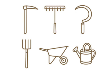 Essential farming and gardening tools set including rake, sickle, and wheelbarrow