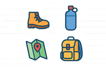 Essential outdoor adventure gear: hiking boot, water bottle, map, and backpack