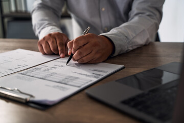 Hands Signing Contract Business Finance Accounting Audit Document Laptop Office