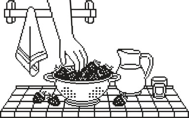 Hand washing fresh strawberries in a colander on a checkered surface