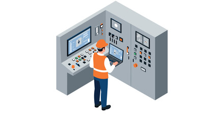 Worker in a control room monitors systems on computer with modern equipment