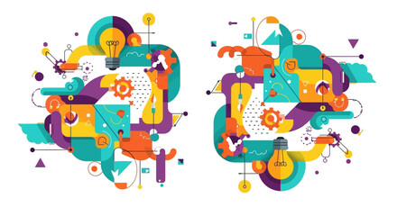 Obraz premium Two abstract compositions featuring interconnected shapes, vibrant colors, and light bulbs, illustrating ideas.