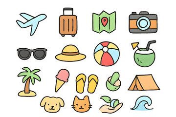 Collection of travel and vacation icons with a playful hand drawn style isolated on transparent background