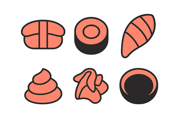 Minimalist set of six Japanese food icons: nigiri, maki roll, wasabi, and pickled ginger