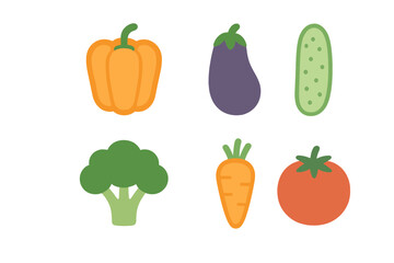 Set of fresh organic vegetables including pepper eggplant cucumber broccoli carrot and tomato on white background