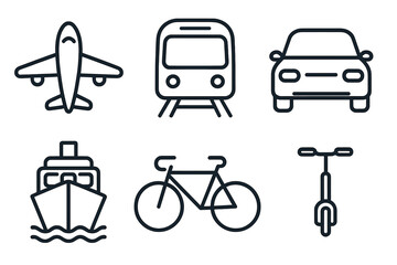 Minimalist outline icons set for logistics, travel, and public transportation