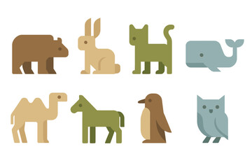 Collection of geometric flat design icons featuring various wild and domestic animals