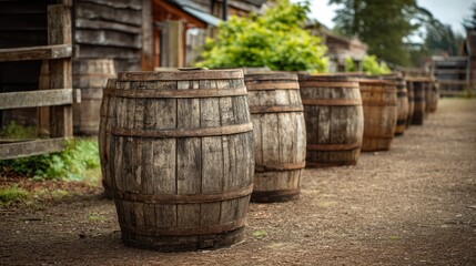 Whiskey barrels outdoors in aging yard