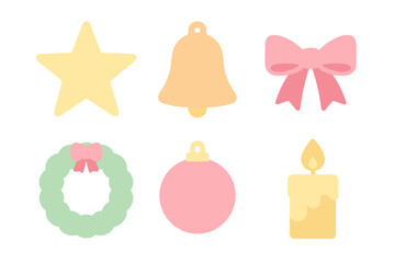 Pastel Christmas holiday symbols set including star, bell, bow, wreath, ornament, and candle