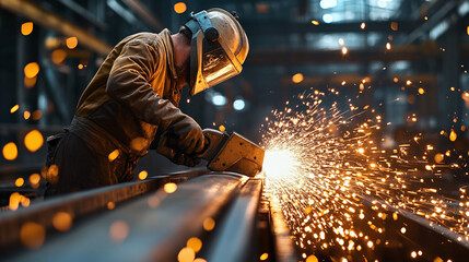 Industrial scene showing skilled craftsman in protective gear cutting metal beam, symbolizing technology, precision, and heavy industry.