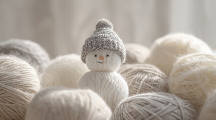 Cute knitted snowman figurine against a background of yarn balls, funny crocheted toy, Christmas home decor, banner with space for text, AI-generated