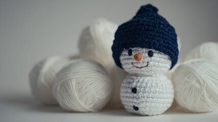 Cute knitted snowman figurine against a background of yarn balls, funny crocheted toy, Christmas home decor, banner with space for text, AI-generated