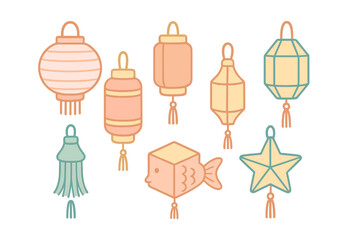Collection of traditional Asian festival lanterns in various shapes and pastel colors