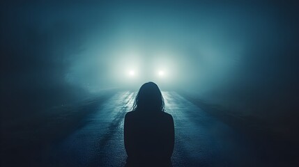 A mysterious figure stands on a dark road, illuminated by the headlights of an approaching car, creating a sense of suspense and anticipation in the foggy night.