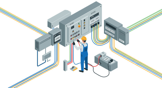 Isometric electrical technician working on control panel with colorful wiring