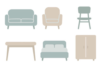 Minimalist home furniture set with sofa armchair bed table and wardrobe