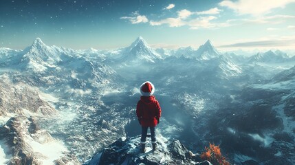 A young person, dressed in a red coat and Santa hat, stands on a mountain peak, overlooking a breathtaking winter wonderland of snow-covered peaks and valleys under a starry sky.