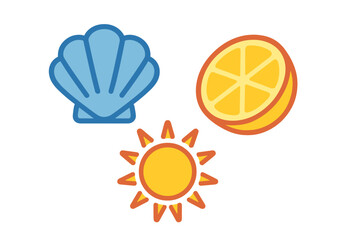 Blue seashell, shining sun, and sliced citrus fruit representing summer elements