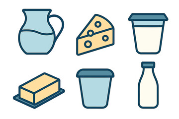 Fresh dairy products set including milk jug, cheese slice, butter, and containers