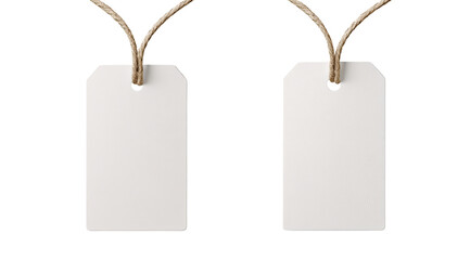 Two blank price tags, light beige, with tan string