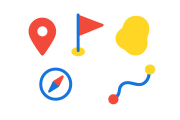 Set of colorful navigation and location icons including pin flag compass and route