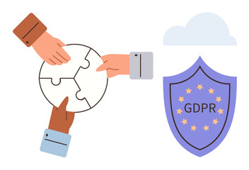 Hands assembling puzzle pieces symbolize teamwork and collaboration, next to GDPR shield highlighting privacy and data protection. Ideal for teamwork, privacy, security, compliance, cooperation