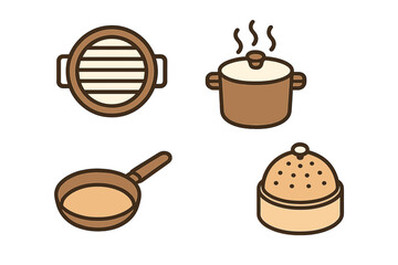 Essential kitchen cooking utensils set featuring a pot, pan, grill, and steamer basket