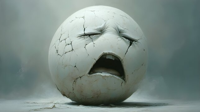 A surreal image of a cracked egg with a face, conveying deep sadness and emotional pain, set against a hazy background.