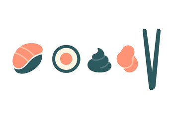 Stylized Japanese cuisine elements featuring salmon nigiri, maki roll, pickled ginger, wasabi, and chopsticks © Mark