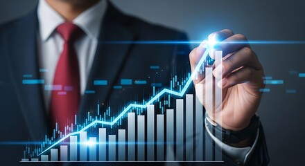 Businessman drawing upward financial graph suit red tie