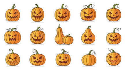 A collection of carved, grinning pumpkins with varying expressions, perfect for Halloween.