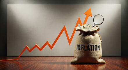 Burlap money bag with magnifying glass and rising graph