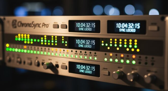 Front panel of a timecode sync server rack displaying digital readouts and status indicators representing reliable time alignment in broadcast systems.