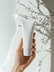 Realistic skincare product photo of a hand holding a white and lavender tube with sleek, minimalist design and soft purple accents. Clean and modern beauty aesthetic.
