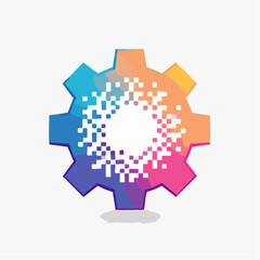 Fototapeta premium A colorful gear with a pixelated center, symbolizing digital transformation and innovation.