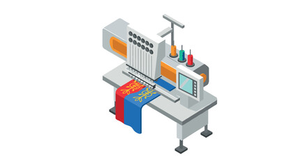 Obraz premium Isometric embroidery machine with computerized controls and colorful fabric
