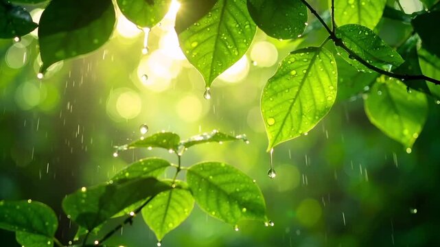 緑の葉を滑り落ちる雨粒と柔らかな森の光