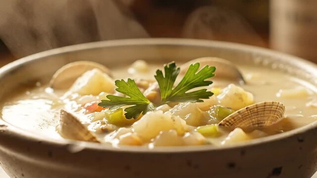 Delicious Clam Chowder Soup Served in a Bowl with Parsley Garnish.