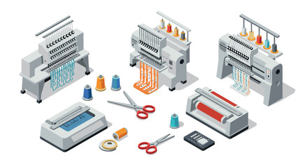 Fototapeta premium Isometric sewing equipment collection with embroidery machines and accessories in workshop setting