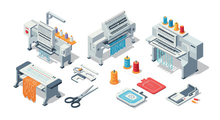 Obraz premium Modern isometric embroidery machines and tools with colorful thread spools