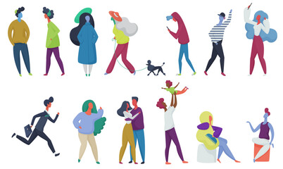 Crowd of vector tiny people set. Parents with kid, couple in love, students with pet. Man and woman vector illustration set