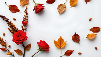 An arrangement of autumn leaves in the foreground with a bouquet of roses lying atop them