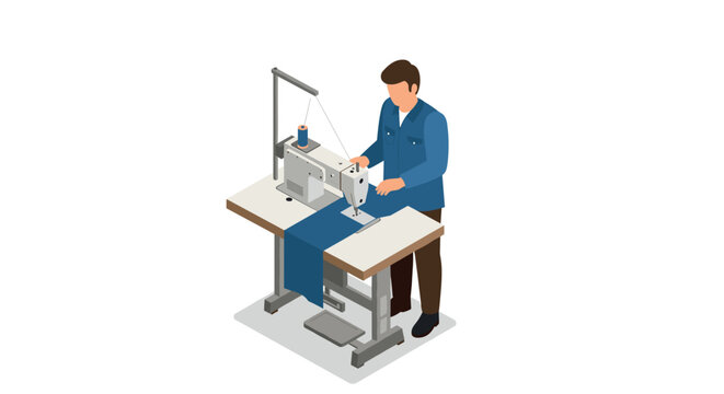 Isometric tailor at work with sewing machine on white background