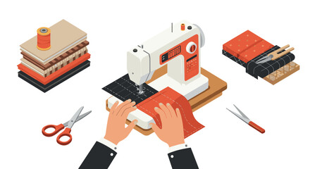 Sewing machine and craft supplies in isometric style for creative projects