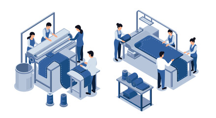 Fototapeta premium Isometric textile factory production process with workers and machines