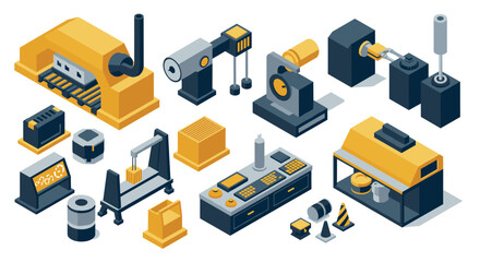 Isometric factory equipment icons for industrial automation