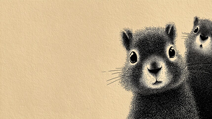 Japanese-style ink illustration of cute baby squirrels