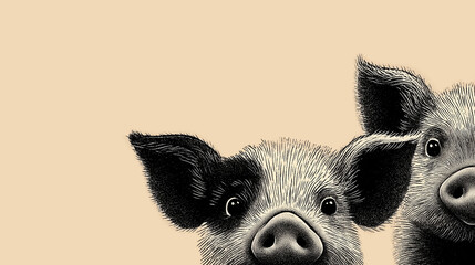Japanese-style ink illustration of cute baby pig, piglet